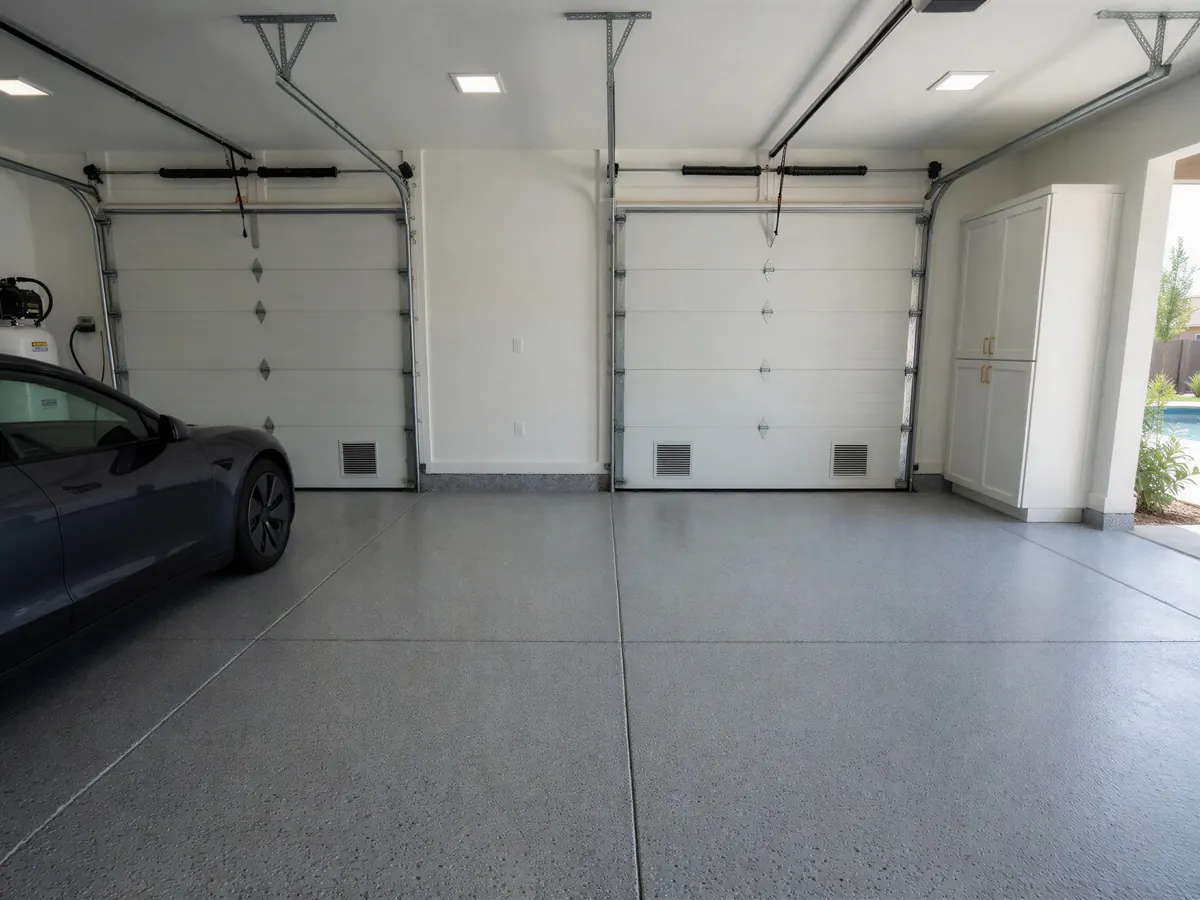 Installer rolling a gray base coat with decorative flakes onto a residential garage floor