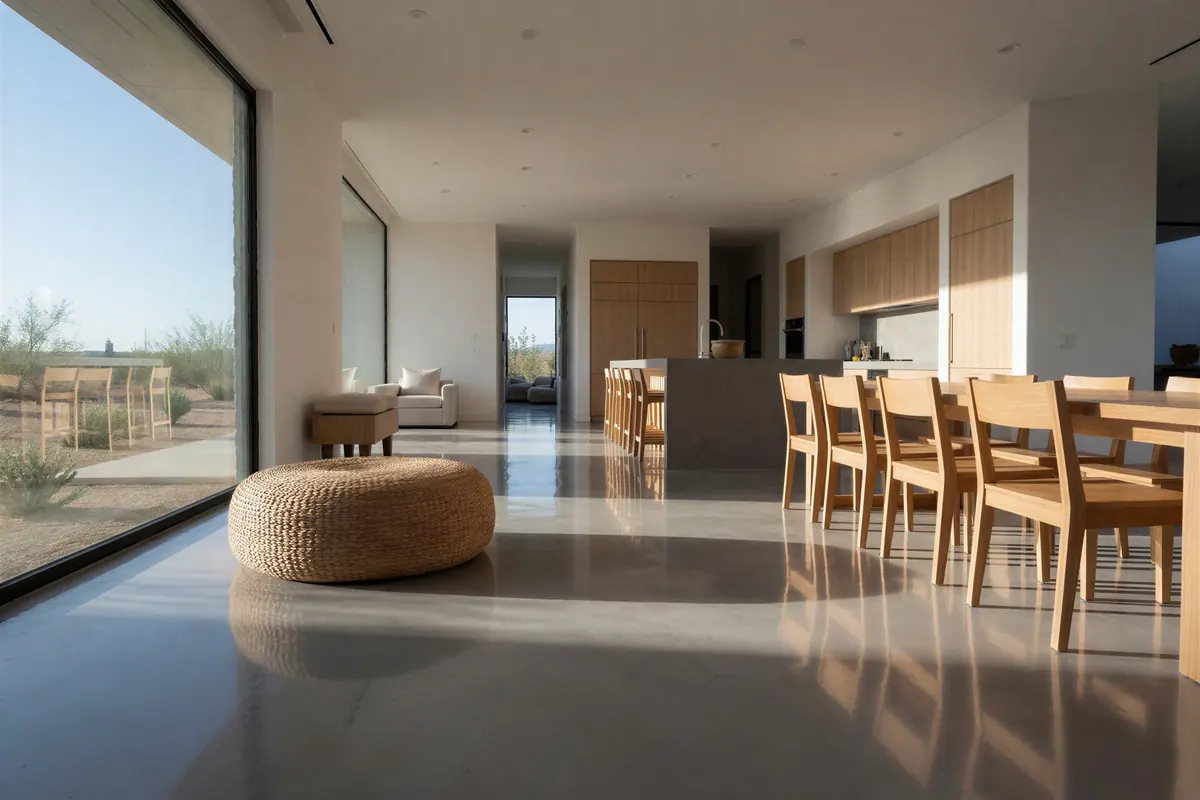 Bright loft interior with a glossy gray mottled epoxy floor under skylights
