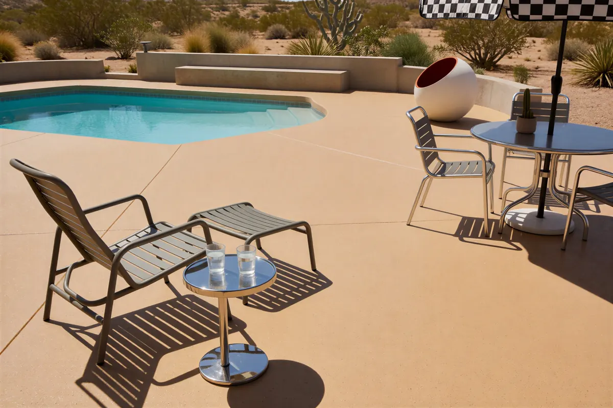 Outdoor patio with a coated exposed-aggregate concrete surface and a bistro table set in full sun